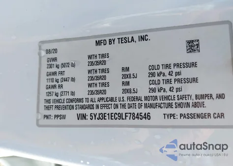 2020 Tesla Model 3 Performance из США, поврежденный, VIN 5YJ3E1EC9LF784546